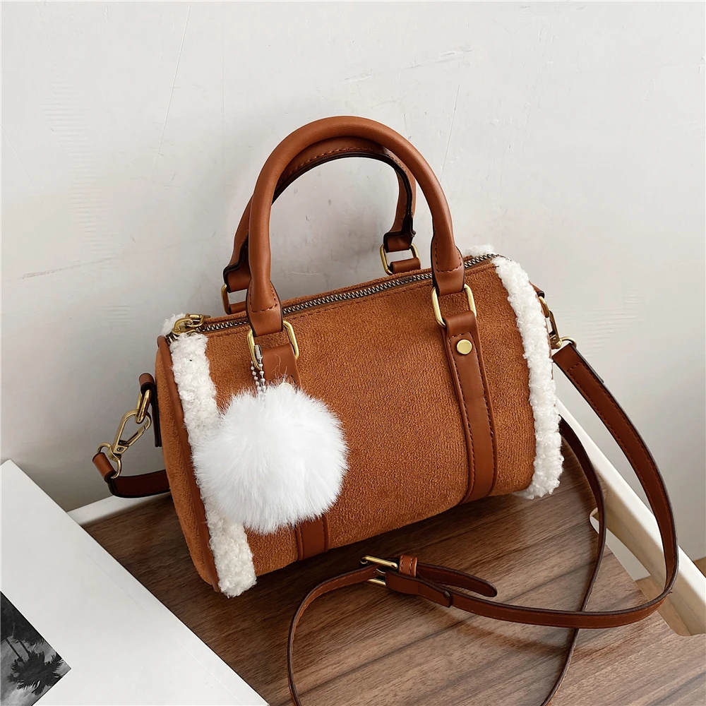 

Burminsa Retro Pillow Suede Small Women Handbags Brand Designer Pompon Plush Trimmed Boston Ladies Shoulder Crossbody Bags 2022