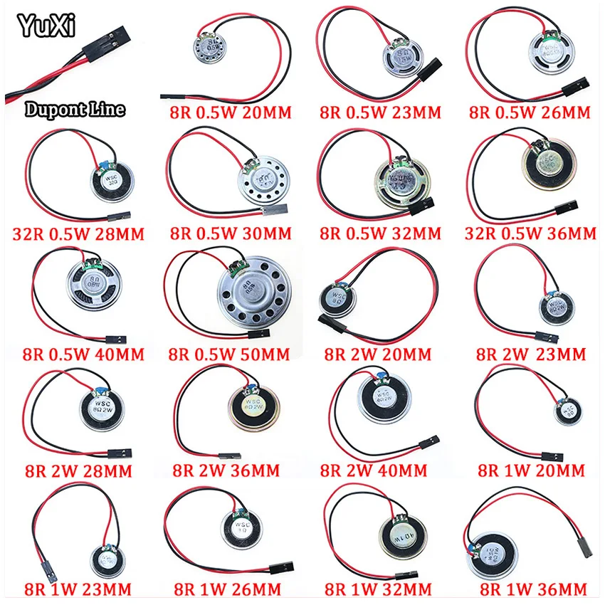 YUXI 1PCS Ultra-thin Speaker 8R 32Ohms 0.5W 1W 2Watt Speaker Diameter 20 23 26 28 30 32 36 40 50MM With Dupont Line
YUXI 1PCS Ultra-thin Speaker 8R 32Ohms 0.5W 1W 2Watt Speaker Diameter 20 23 26 28 30 32 36 40 50MM With Dupont Line