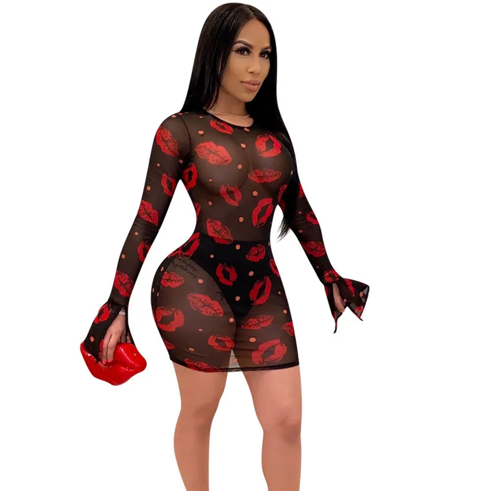 Women Summer Sheer Mesh Bodycon Dress Sexy Long Sleeve Red Lip Print Mini Club Dresses Fishnet See Through Beach Party Dress
Women Summer Sheer Mesh Bodycon Dress Sexy Long Sleeve Red Lip Print Mini Club Dresses Fishnet See Through Beach Party Dress