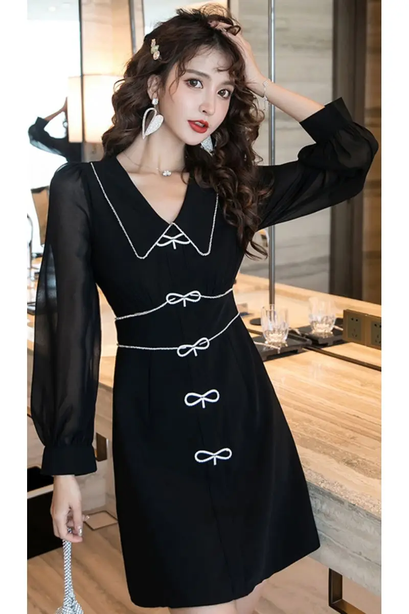 COIGARSAM Full Sleeve Women one-piece dress korean New Spring Peter pan Collar Dresses Black 8029 
COIGARSAM Full Sleeve Women one-piece dress korean New Spring Peter pan Collar Dresses Black 8029