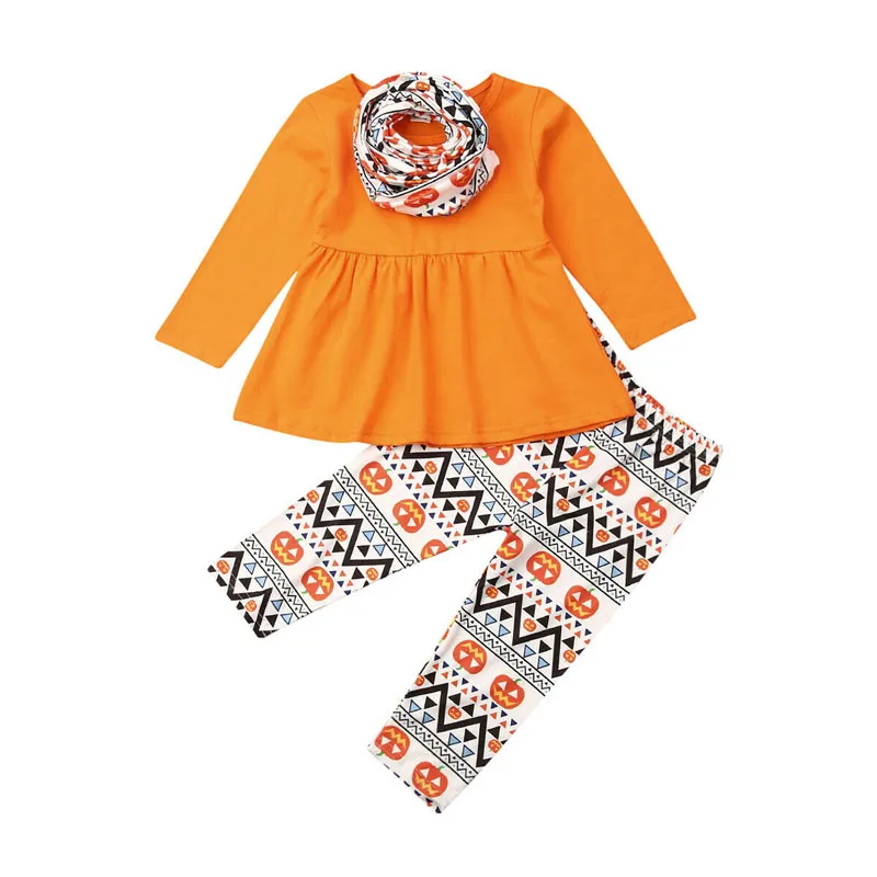 Fashion Toddler Baby Girls Halloween Clothes Set Tops Long Sleeve T-Shirt Stripe Pants Scarf Pumpkin Outfits Autumn 1-6T | Мать и ребенок