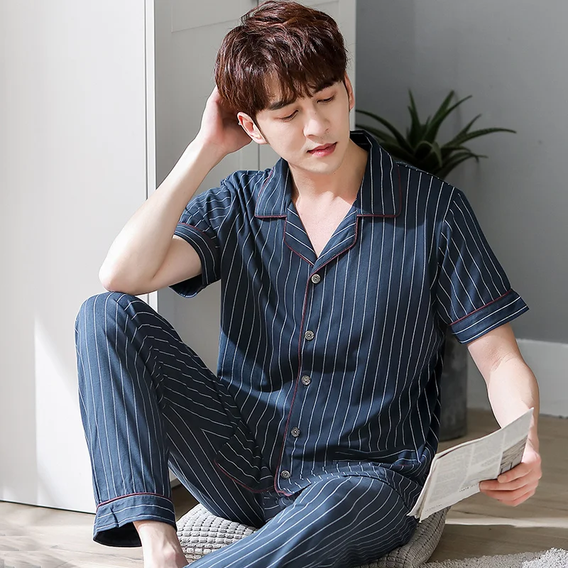 Summer Cotton Men Pajamas Set Striped Pyjamas Short Sleeve Turn-down Collar Cardigan Sleepwear Plus Size 3XL Male Nightwear
Summer Cotton Men Pajamas Set Striped Pyjamas Short Sleeve Turn-down Collar Cardigan Sleepwear Plus Size 3XL Male Nightwear