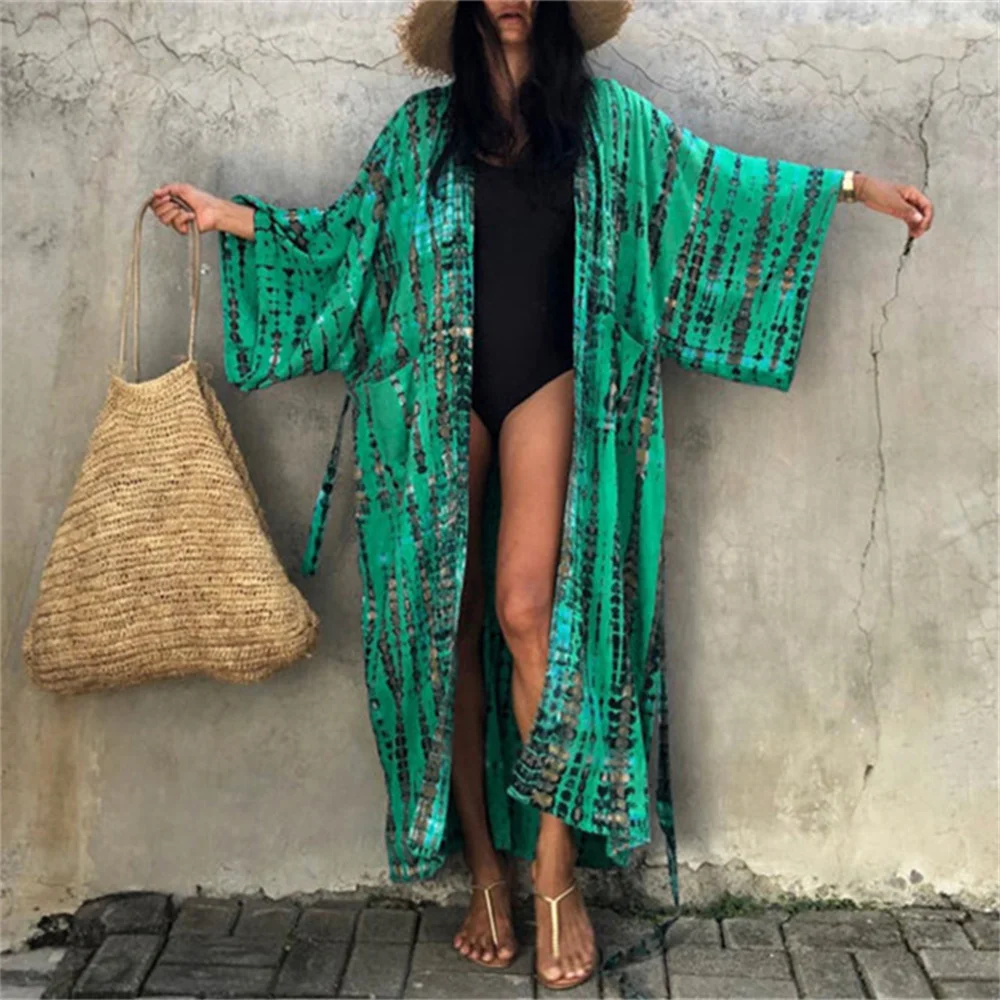 

2021 Sexy Bikini Cover-Ups Boho Printed Fringed Long Kimono Carfigan Tunic Women Plus Size Beach Wear Swim Suit Cover Up Shirt