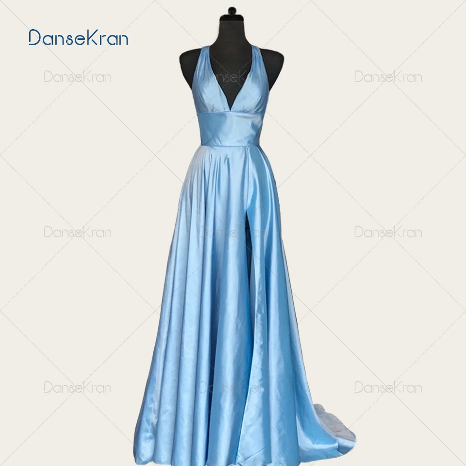 V-neck Light Blue Prom Dresses For Party Criss Cross Back A-line Evening Gowns Side Slit Floor-Length Satin Maxi Dresses
V-neck Light Blue Prom Dresses For Party Criss Cross Back A-line Evening Gowns Side Slit Floor-Length Satin Maxi Dresses