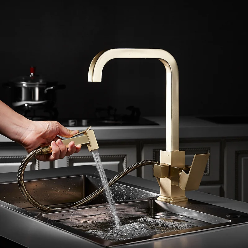 Brushed Gold Soild Brass Rotating Kitchen Sink Faucet Hot & Cold Mixer Functional Pull-Out Taps with Spray Gun Deck Mounted
Brushed Gold Soild Brass Rotating Kitchen Sink Faucet Hot & Cold Mixer Functional Pull-Out Taps with Spray Gun Deck Mounted