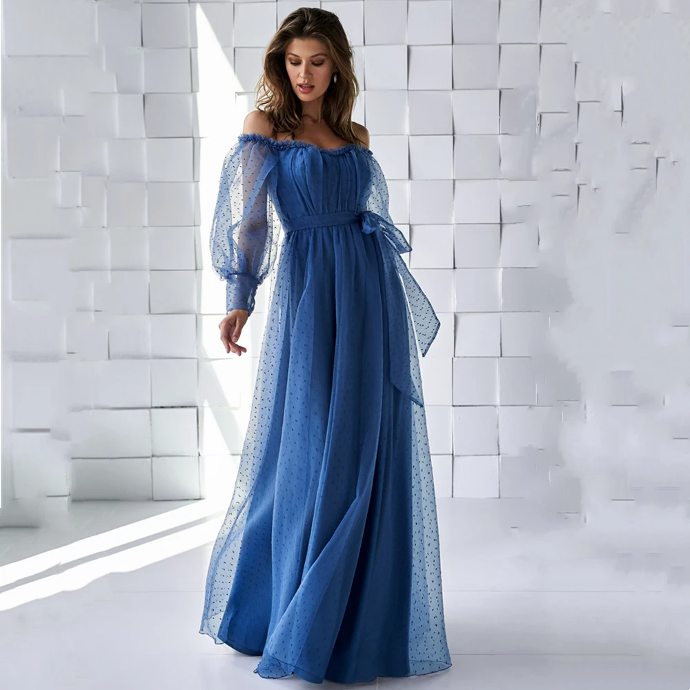 Elegant Navy Blue Puff Sleeve Dots Tulle Prom Dresses 2022 A Line Off Shoulder For Women Party Gown Evening Dress Custom Made
Elegant Navy Blue Puff Sleeve Dots Tulle Prom Dresses 2022 A Line Off Shoulder For Women Party Gown Evening Dress Custom Made