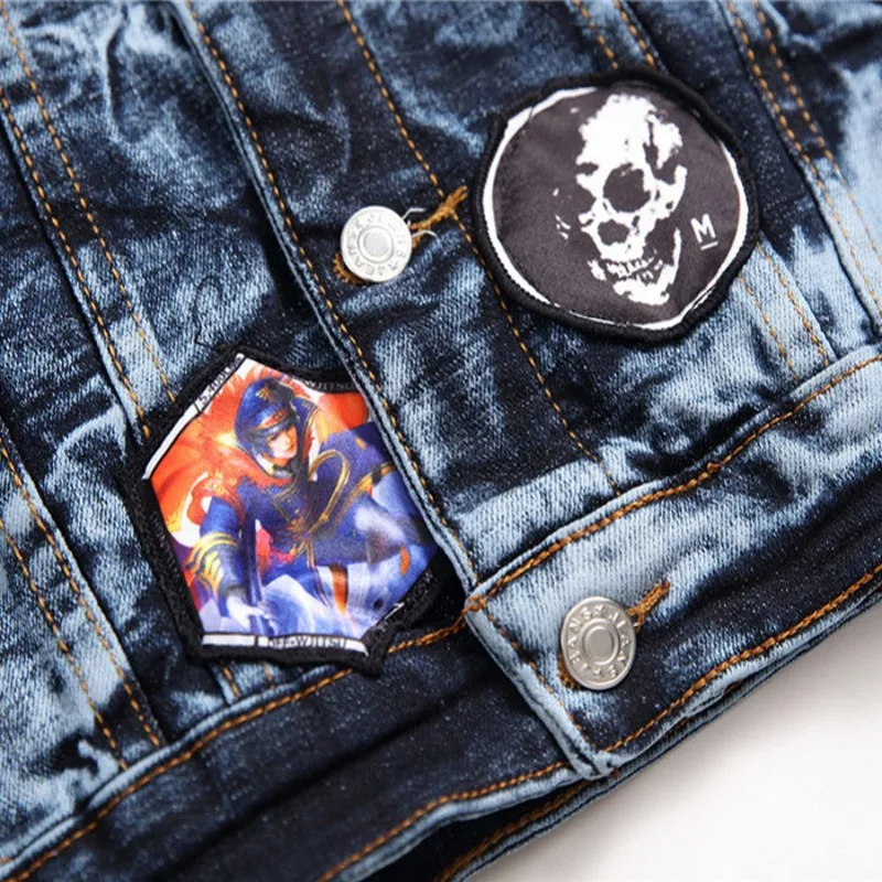 Men denim vest punk personality embroidery motorcycle print skull camisole badge denim jacket stretch personality trend top coat
Men denim vest punk personality embroidery motorcycle print skull camisole badge denim jacket stretch personality trend top coat