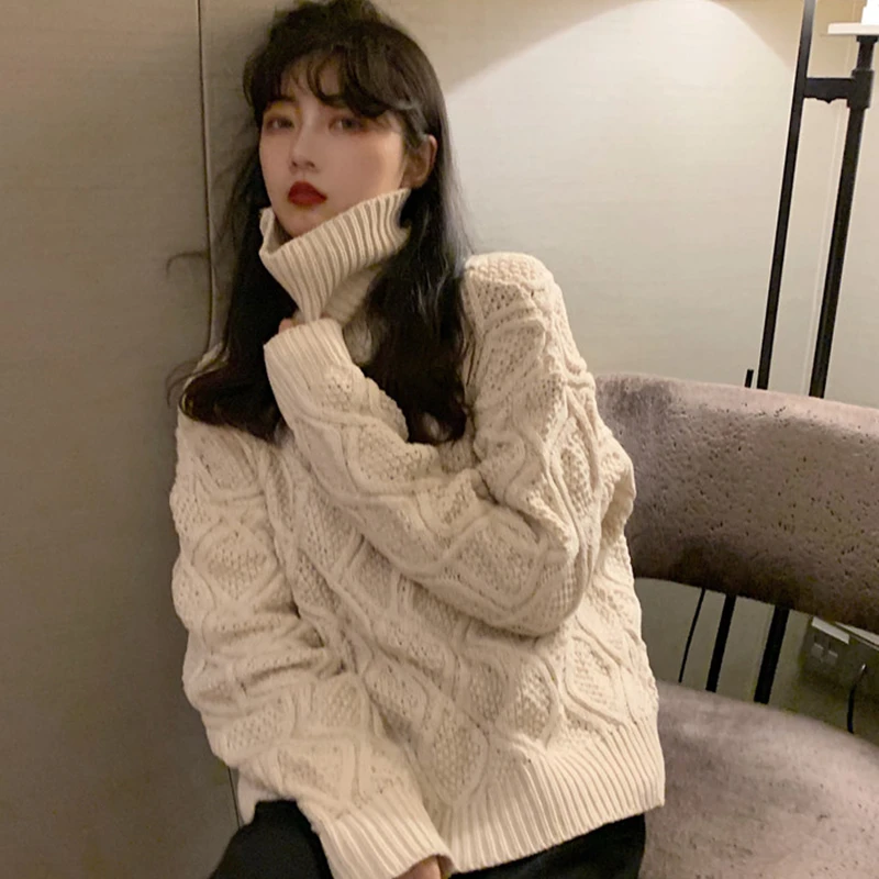 Autumn Women Vintage Turtleneck Thicken Warm Twisted Striped Knitted Jumpers Casual Full Sleeve Loose Female Knitted Sweaters
Autumn Women Vintage Turtleneck Thicken Warm Twisted Striped Knitted Jumpers Casual Full Sleeve Loose Female Knitted Sweaters