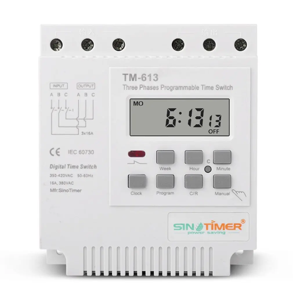 SINOTIMER TM613 380 В трехфазный таймер, программируемый переключатель с подсветкой, цифровой таймер на 7-24 часа
SINOTIMER TM613 380 В трехфазный таймер, программируемый переключатель с подсветкой, цифровой таймер на 7-24 часа