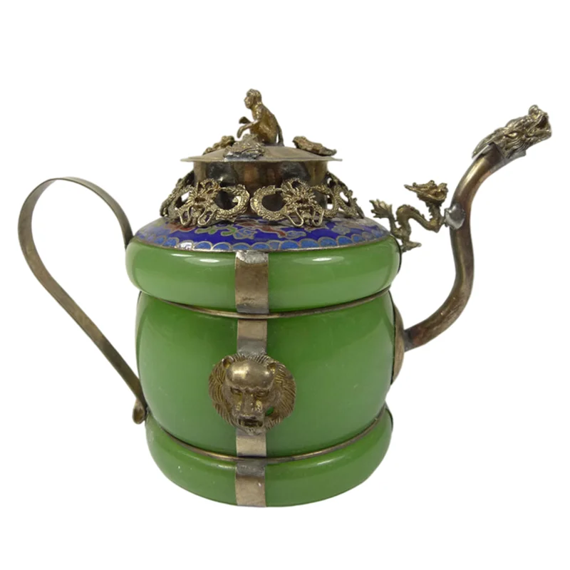 

Старый китайский зеленый нефритовый чайник, армированный серебряный дракон, Лев, искусственная перегородка, инкрустированный двумя брасле...