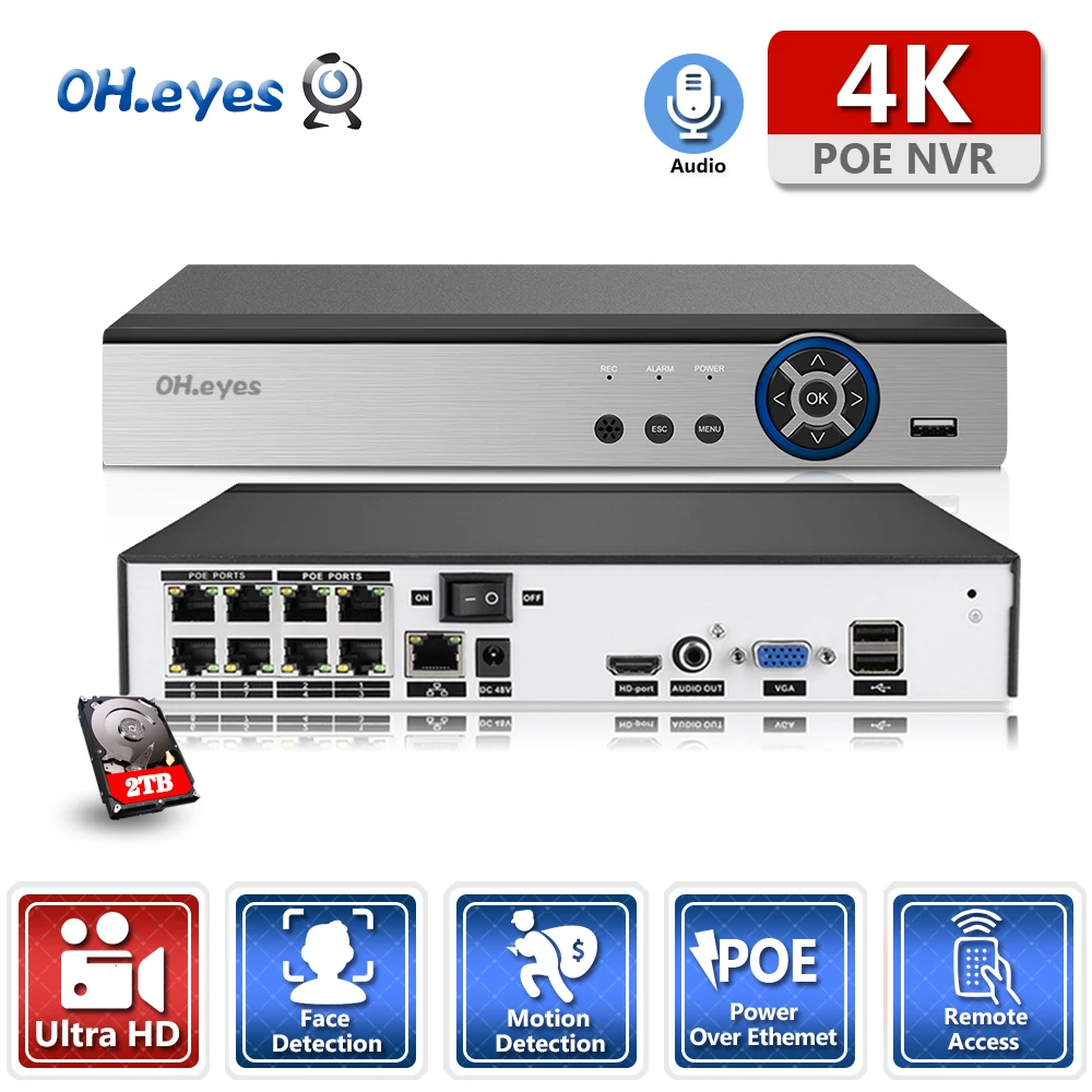 

OH.eyes H.265 HEVC 8CH CCTV NVR for 8MP/5MP/4MP/3MP/2MP 8.0MP 4K IP Camera metal network video recorder P2P for CCVT System NVR