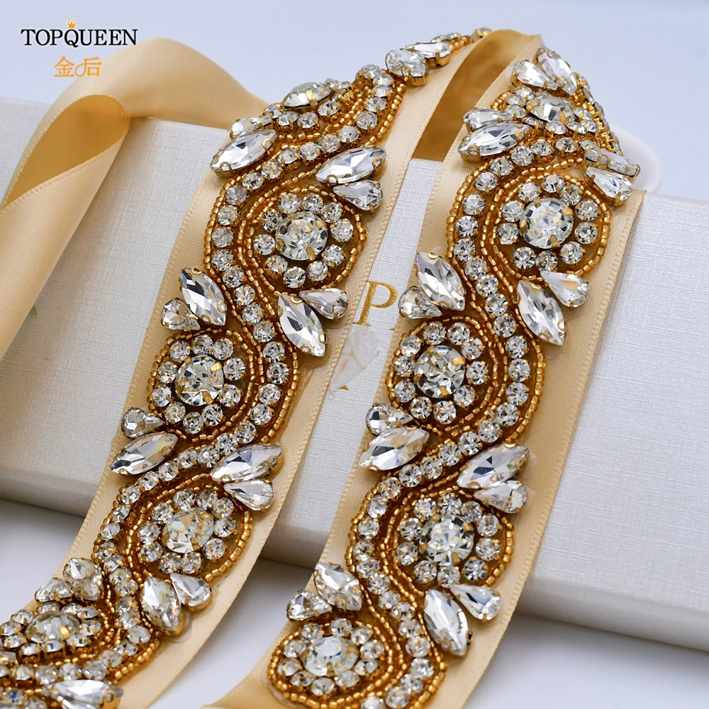 

TOPQUEEN S164-G Diamond and Gold Wedding Sash Belt Wedding Dress Belt Rhinestone Sparkly Dress Belts for Women Bridal Sashes