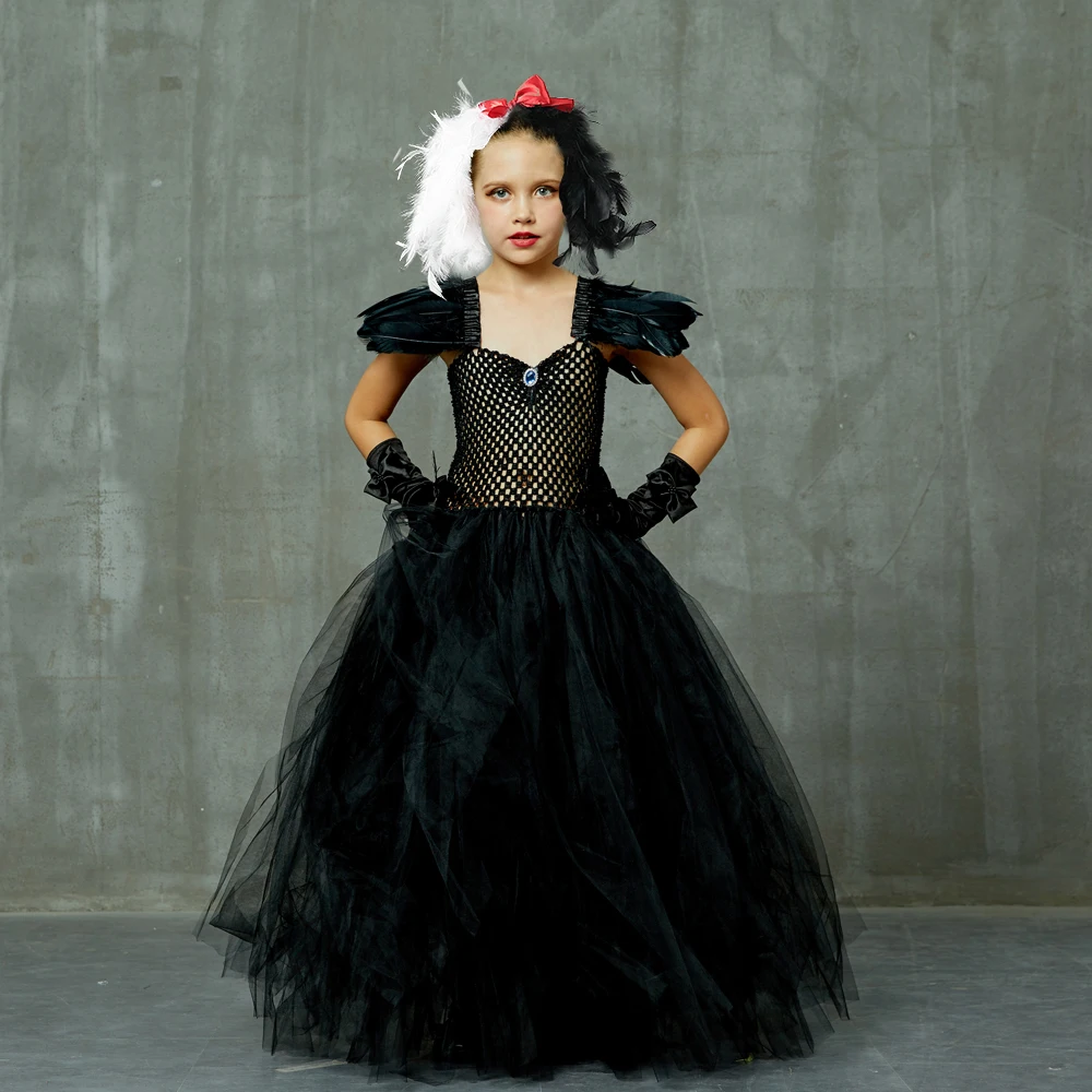 

Handmade Girls Cruella de Vile Tutu Dress Kids Halloween Carnival Party Devil Costume Dalmatian Black Fancy Ball Gown Dresses