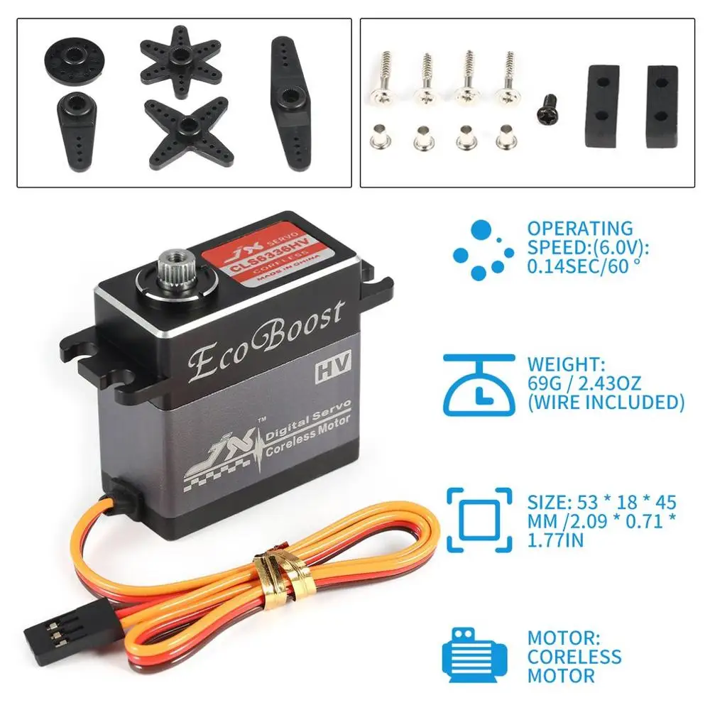 JX CLS6336HV 35KG 6-7.4V High Voltage Metal Gear Aluminium Shell Digital Coreless Servo for 1/8 RC Car & 2000mm Fixed-Wing plane
JX CLS6336HV 35KG 6-7.4V High Voltage Metal Gear Aluminium Shell Digital Coreless Servo for 1/8 RC Car & 2000mm Fixed-Wing plane