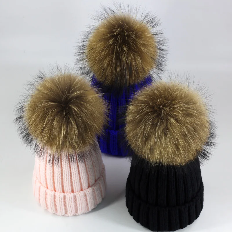 

Parent-child Winter Hat Women Knitted Beanie Hat Real Raccoon Fur Pompom Hat for Female Kids Warm Chunky Thick Stretchy Hats