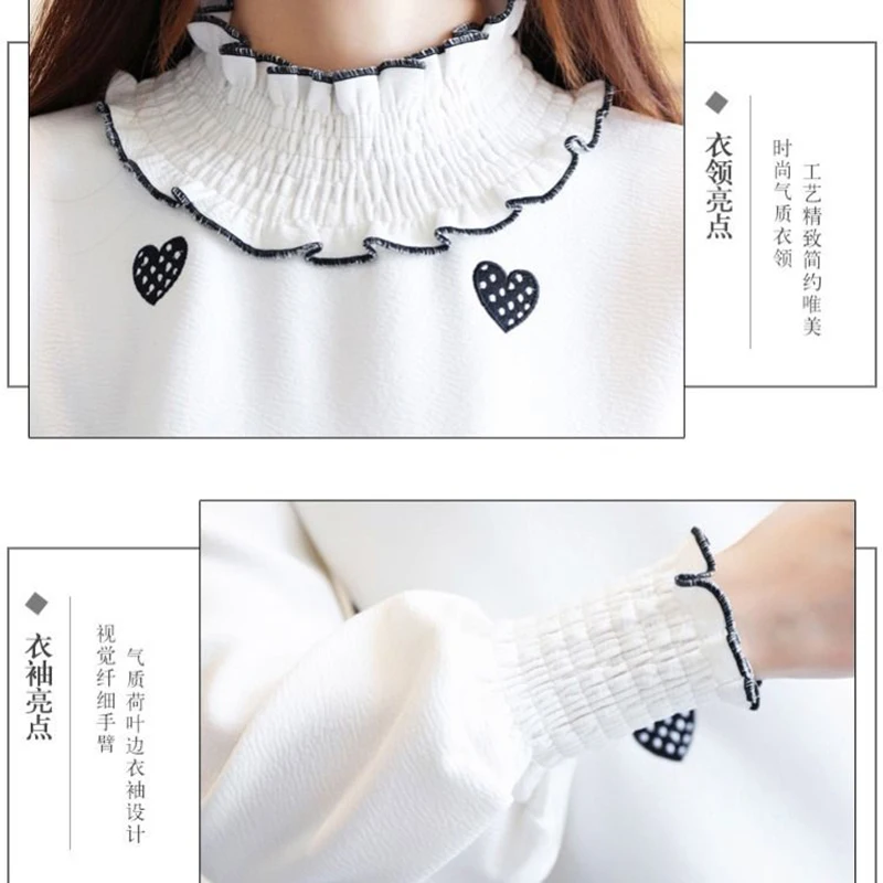 

Women Spring Autumn Style Blouses Shirts Lady Casual Long Sleeve Turtleneck Heart Embroidery Blusas Tops DF3140