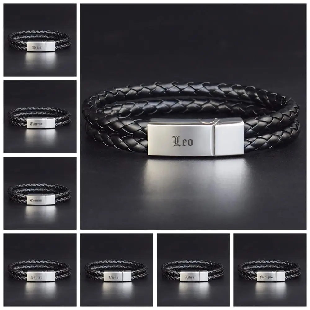 12 Constellation English Letters Engraved Bracelet Men's Woven Genuine Leather Bracelet Punk Wristband Male Zodiac Jewelry
12 Constellation English Letters Engraved Bracelet Men's Woven Genuine Leather Bracelet Punk Wristband Male Zodiac Jewelry