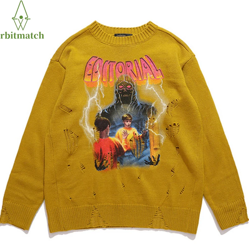 Hip Hop knitted Sweater Men Women VIntage Devil Lightning Print Pullovers 2021 Autumn Streetwear Cotton Knitted Sweater Hole
Hip Hop knitted Sweater Men Women VIntage Devil Lightning Print Pullovers 2021 Autumn Streetwear Cotton Knitted Sweater Hole