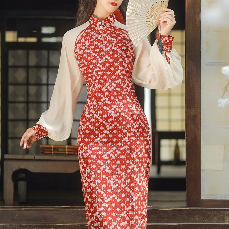 Spring and Summer New Modified Retro Small Stand Collar Court Floral Stitching Cheongsam Dress Dress
Spring and Summer New Modified Retro Small Stand Collar Court Floral Stitching Cheongsam Dress Dress