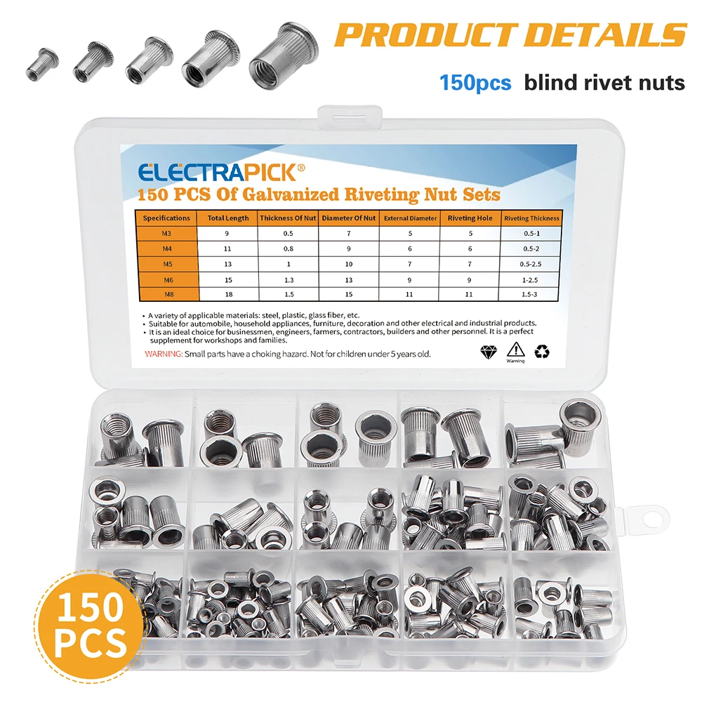 Electrapick 150 шт. Нержавеющая сталь M3 M4 M5 M6 M8 заклепочная гайка заклепки с плоской головкой Гайки комплект аппаратные средства Запчасти мульти Р...
Electrapick 150 шт. Нержавеющая сталь M3 M4 M5 M6 M8 заклепочная гайка заклепки с плоской головкой Гайки комплект аппаратные средства Запчасти мульти Р...