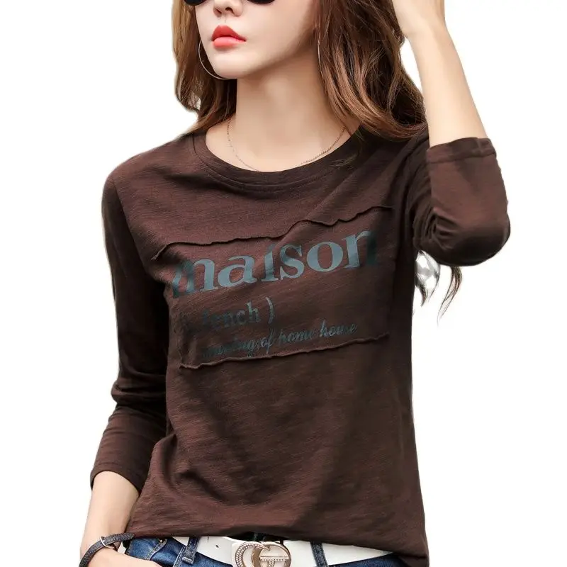 Женская хлопковая футболка с длинным рукавом однотонная свободная кофейная из