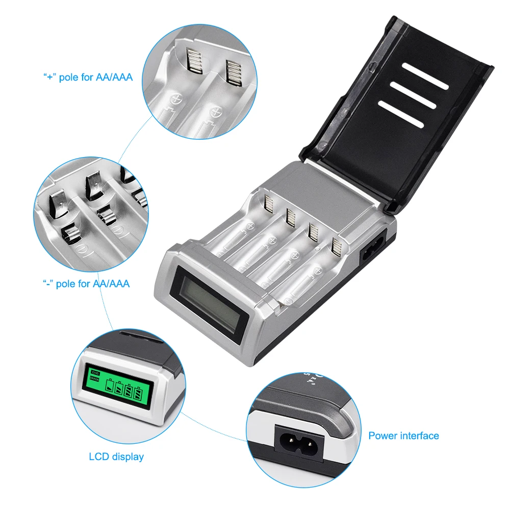 4 slots AA / AAA battery charger LCD display screen for rechargeable AA 2A / AAA 3A NiCd NiMh batteries
4 slots AA / AAA battery charger LCD display screen for rechargeable AA 2A / AAA 3A NiCd NiMh batteries