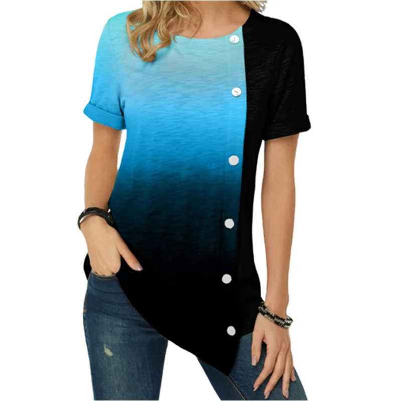 Женские летние хлопковые топы с градиентной пуговицей и асимметричным подолом, повседневные пуловеры с круглым вырезом, модные уличные футболки
Женские летние хлопковые топы с градиентной пуговицей и асимметричным подолом, повседневные пуловеры с круглым вырезом, модные уличные футболки