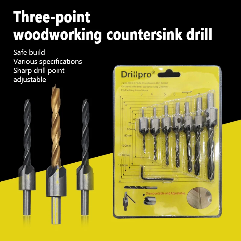 4Pcs/7Pcs 3 Tips Flute Countersink Drills Bits Countersunk Head Drilling Bit Set Woodworking Drill 3,4,5,6,7,8,10mm
4Pcs/7Pcs 3 Tips Flute Countersink Drills Bits Countersunk Head Drilling Bit Set Woodworking Drill 3,4,5,6,7,8,10mm