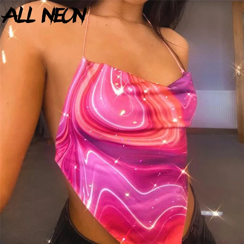 

ALLNeon Summer 2000s Fashion Tie Dye Print Backless Halter Top 2021 Y2K Streetwear Cowl-neck Lace-up Crop Tops Sexy Club Outfits