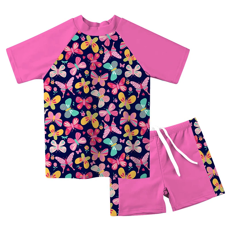 1-8 Years Girls Two Pieces Swimsuit for Children Kids Short Sleeve Summer Swimwear Baby Beachwear 5 Models Child Bathing Suit | Спорт и