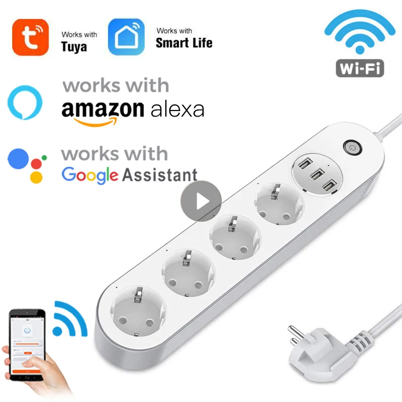 Tuya Wifi Smart Power Strip 4 EU Outlets Plug With 3 USB Charging Port Timing App Voice Remote Control With Alexa Google Home
Tuya Wifi Smart Power Strip 4 EU Outlets Plug With 3 USB Charging Port Timing App Voice Remote Control With Alexa Google Home