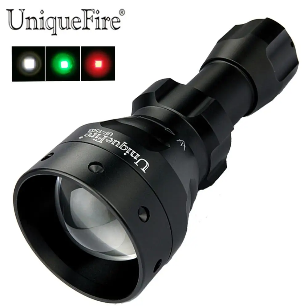 

UniqueFire 1503 XPE Green/Red/White Light LED Flashlight 50mm Convex Lens T50 Zoomable Torch 3 Modes for Night Camping & Hunting