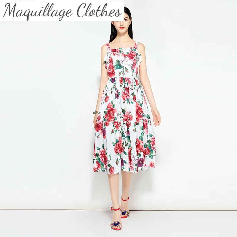 

Женское модельное платье-комбинация с цветочным принтом, дизайнерское праздвечерние чное платье с оборками, лето D115