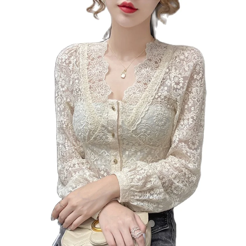 Lace Hollow Out Women Shirts Summer New Design V-Neck Thin Solid Chiffon Office Lady Elegant Outwear Tops