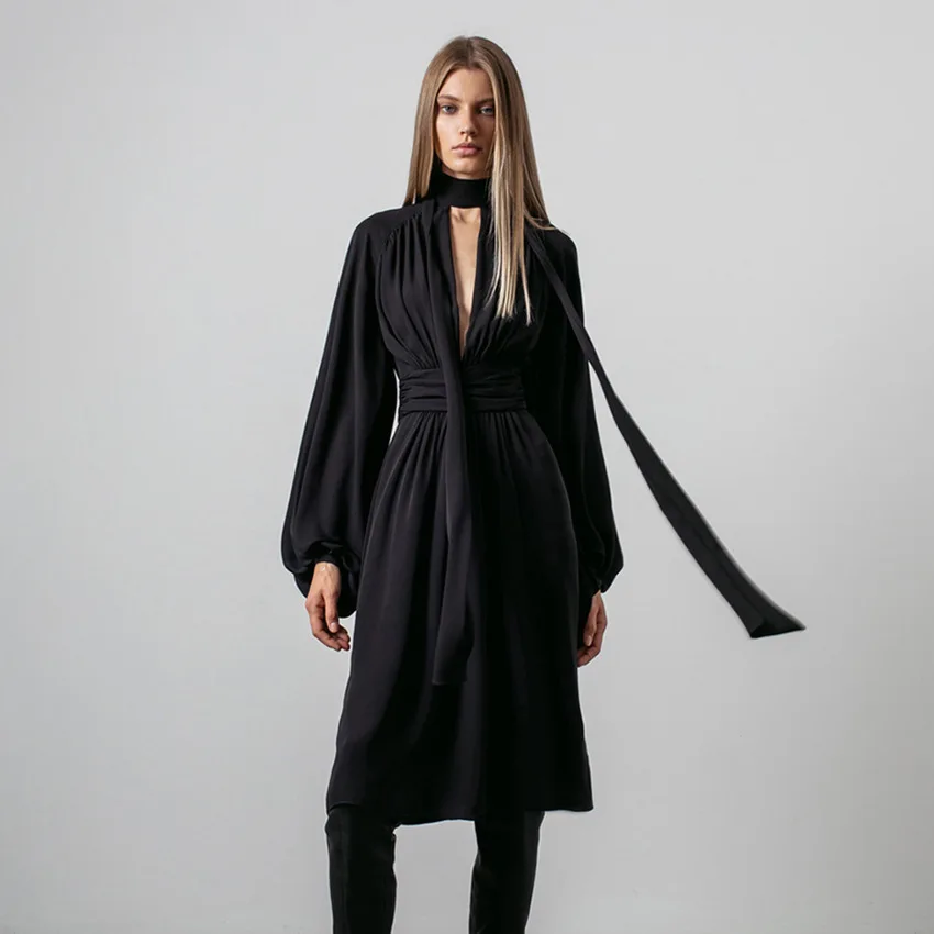 European Style Mid-Length Women Dresses Sexy Deep V-Neck Lantern Sleeve Solid High Waist Dress Temperament Chiffon Dress
European Style Mid-Length Women Dresses Sexy Deep V-Neck Lantern Sleeve Solid High Waist Dress Temperament Chiffon Dress