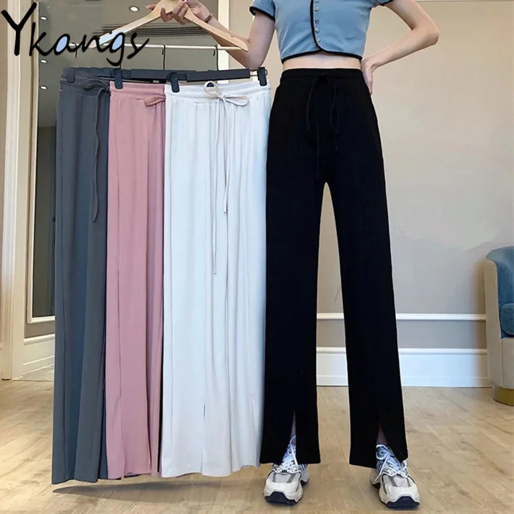 Solid Color Knitted Drawstring Slit Elastic High Waist Pants Joggers Women Loose Straight Trousers Harajuku Korean Streetwear
Solid Color Knitted Drawstring Slit Elastic High Waist Pants Joggers Women Loose Straight Trousers Harajuku Korean Streetwear