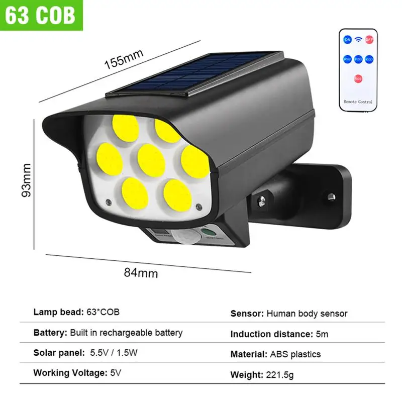 Solar Light Motion Sensor Wall Light 63LED Waterproof Dummy Camera Powered Sunlight Street Light For Garden Decoration
Solar Light Motion Sensor Wall Light 63LED Waterproof Dummy Camera Powered Sunlight Street Light For Garden Decoration