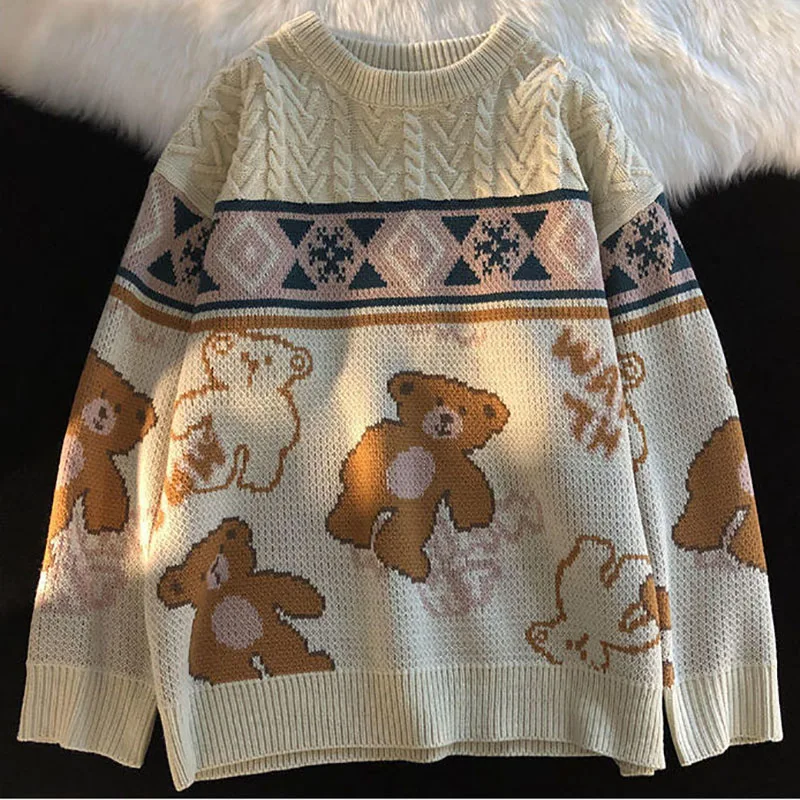

Осенний свитер 2021bear с длинными рукавами, мужской ретро свитер в гонконгском стиле Instagram для ленивых пар, вязаный свитер, корейская мода, свит...