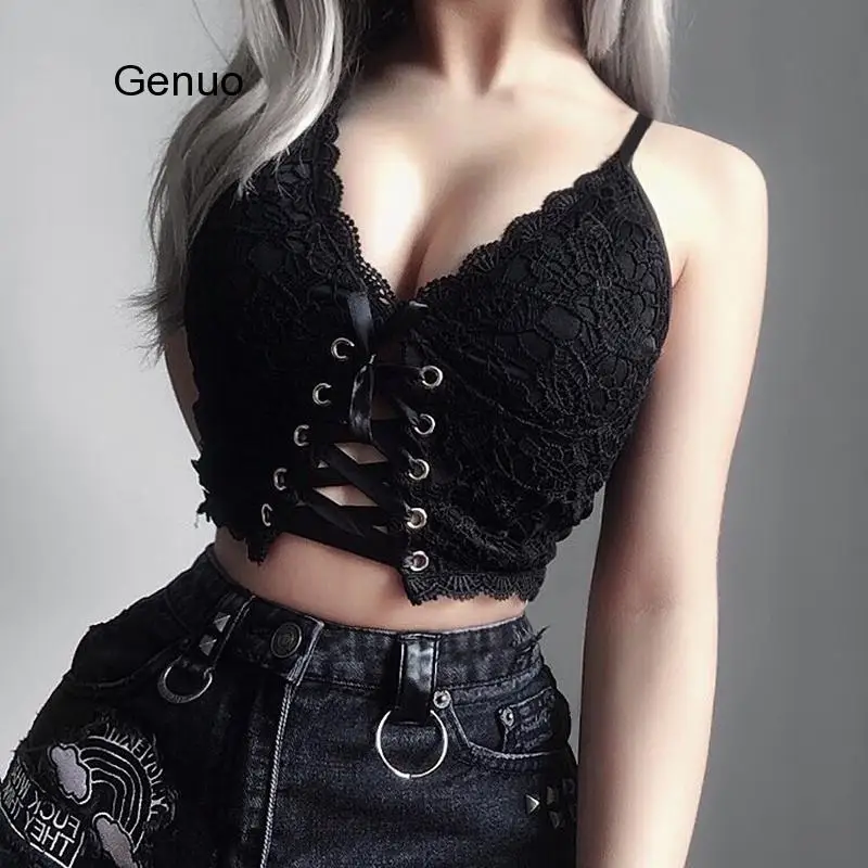 

Sexy Bandage Lace Women Camis Gothis Punk Spaghetti Straps Black Camis Tank Tops Female Sleeveless Bodycon Tank Top