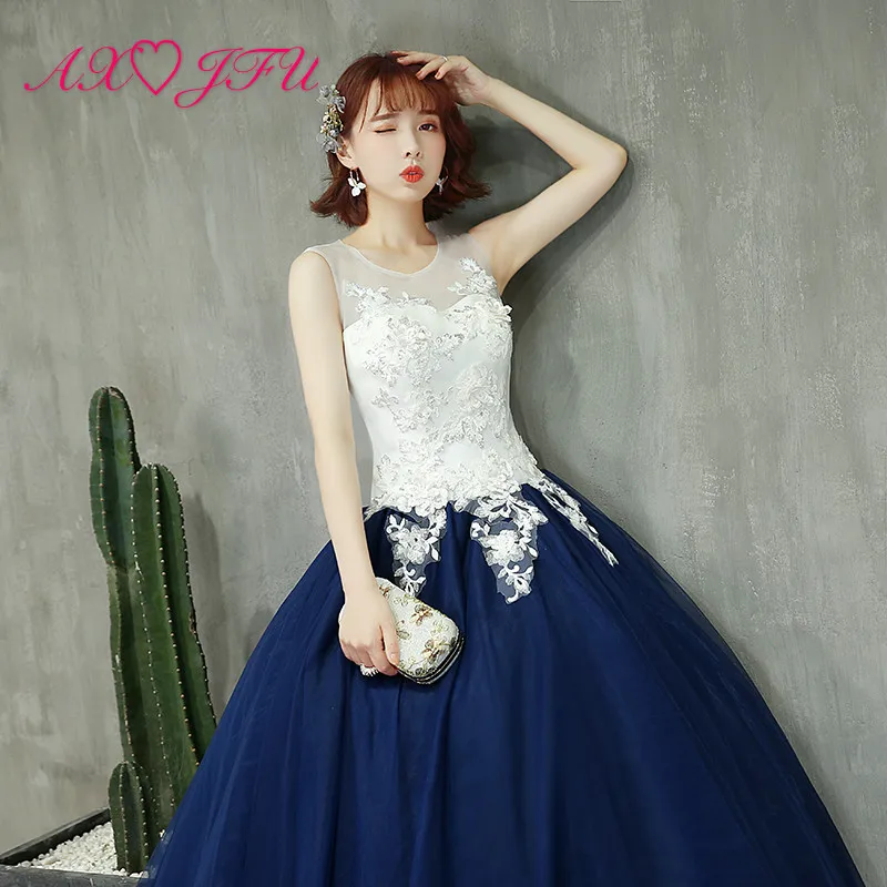 AXJFU luxury princess white and blue lace bride evening dress vintage o neck beading flower host ball gown stage evening dress
AXJFU luxury princess white and blue lace bride evening dress vintage o neck beading flower host ball gown stage evening dress