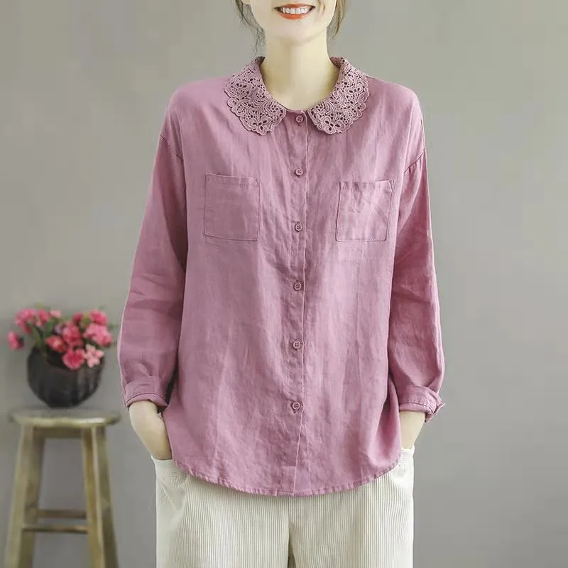 Summer Women Casual Loose Long Sleeve Pockets Design Blouse Lace Peter Pan Collar Patchwork Cotton Single Breasted Shirts W297
Summer Women Casual Loose Long Sleeve Pockets Design Blouse Lace Peter Pan Collar Patchwork Cotton Single Breasted Shirts W297