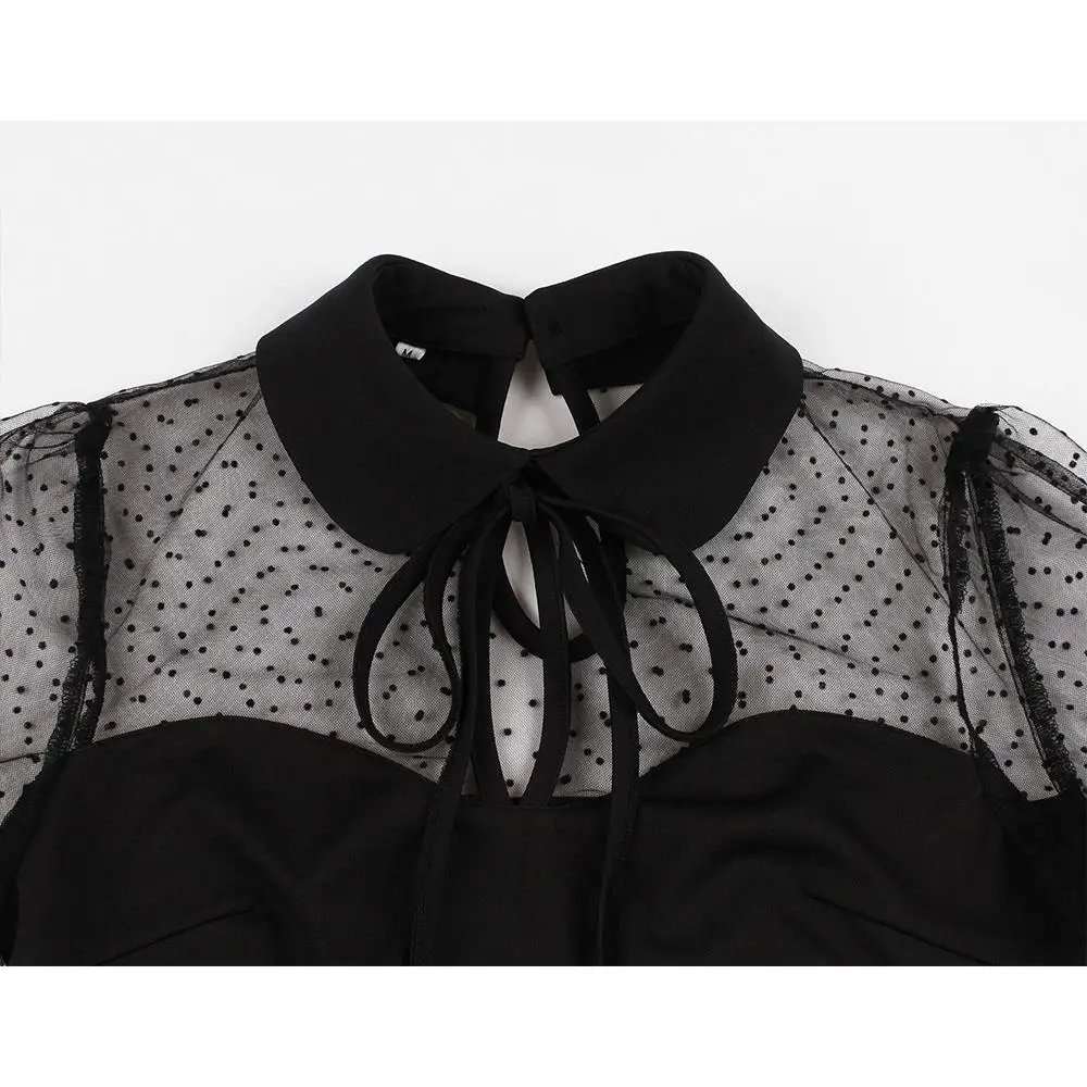 Sexy Women Vintage Tops VD1920 Short Sleeve Tulle Patchwork Black Blouses Femme Shirts Women 
Sexy Women Vintage Tops VD1920 Short Sleeve Tulle Patchwork Black Blouses Femme Shirts Women