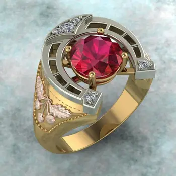 Exquisite Fashion Red Zircon Inlaid Metal Horseshoe Rings for Men Charm Elegant Anniversary Jewelry Birthday Gift