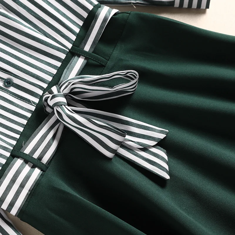 Striped Women Dresses Spring Autumn Dark Green Vintage Turn-down Collar Long Sleeve Patchwork Fashionable Fake Two-Piece Dress
Striped Women Dresses Spring Autumn Dark Green Vintage Turn-down Collar Long Sleeve Patchwork Fashionable Fake Two-Piece Dress