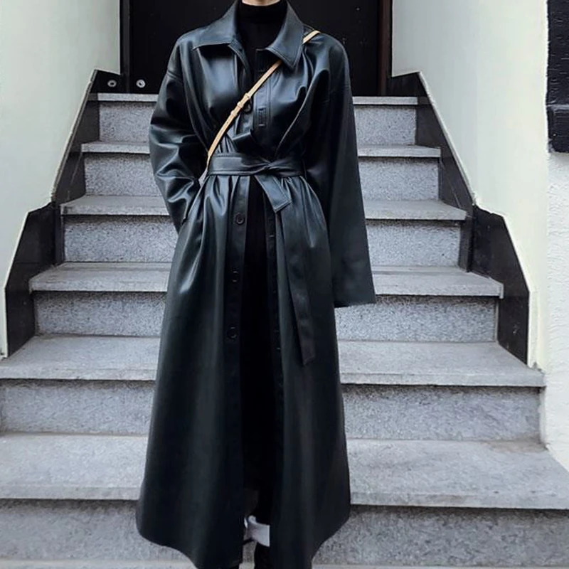 Sashes Loose Black Vintage Motorcycle PU Coat Korea Casual Long Faux Leather Jacket Women Female Outwear Chic Streetwear
Sashes Loose Black Vintage Motorcycle PU Coat Korea Casual Long Faux Leather Jacket Women Female Outwear Chic Streetwear