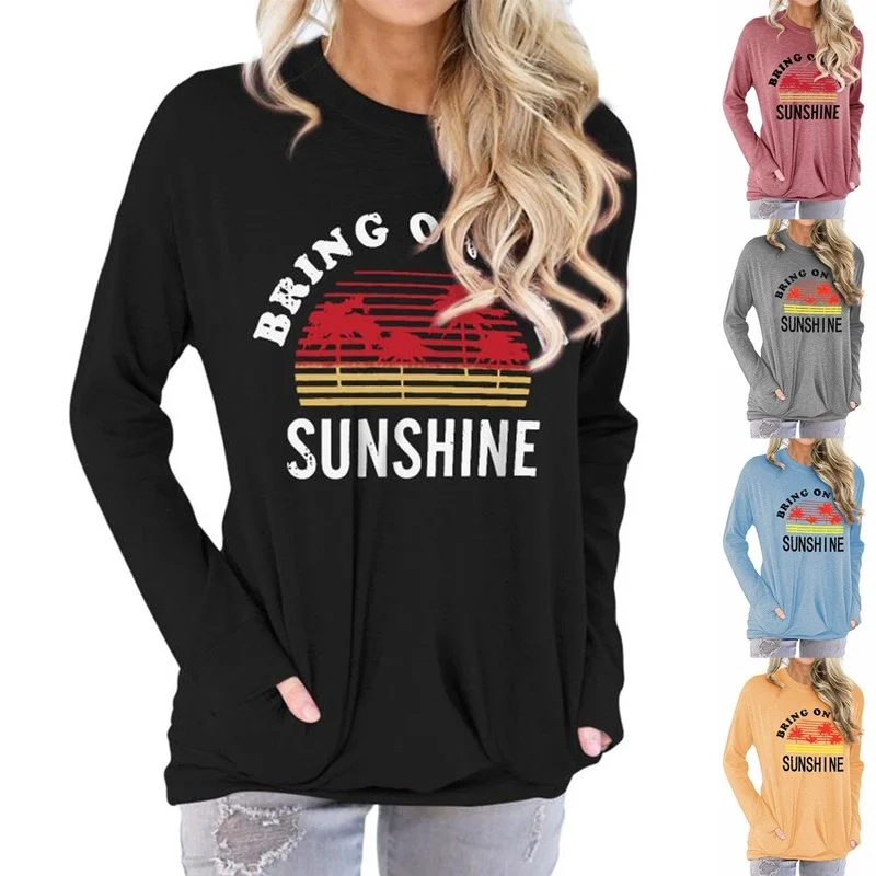 Spring Women T Shirt Long Sleeve Pocket Coconut Tree Sunshine Letter Print Female Fashion Graphic Clothes Ladies O-Neck Tee Tops
Spring Women T Shirt Long Sleeve Pocket Coconut Tree Sunshine Letter Print Female Fashion Graphic Clothes Ladies O-Neck Tee Tops