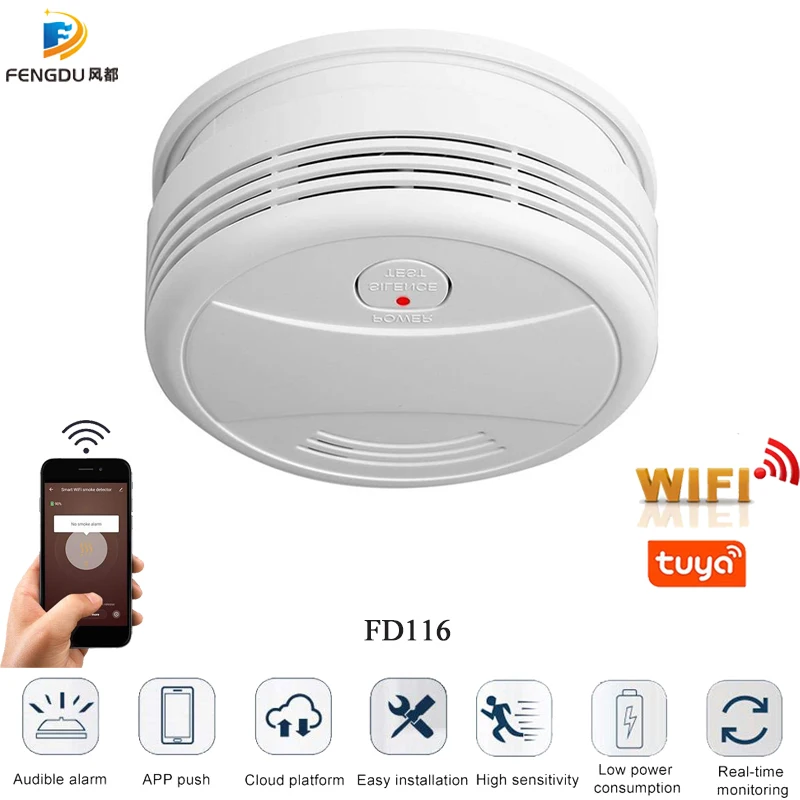 Датчик дыма Tuya Smartlife портативный детектор с Wi-Fi управлением через приложение Android