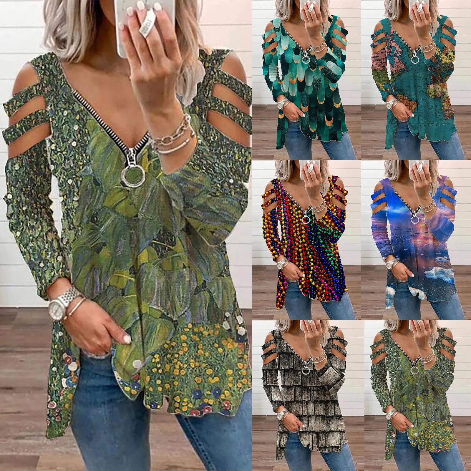 2021 Fashion Women Women Casual Cotton Fashion Colorful Fashion Printed Zipper Long-sleeved V-neck T-shirt Summer Top Футболки
2021 Fashion Women Women Casual Cotton Fashion Colorful Fashion Printed Zipper Long-sleeved V-neck T-shirt Summer Top Футболки