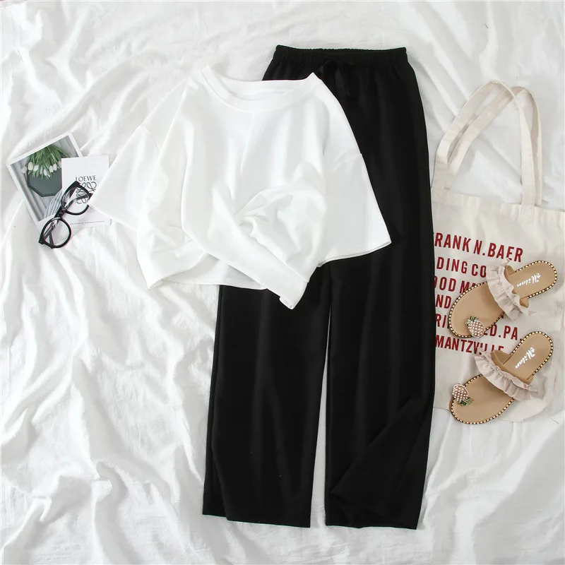 Women Sets O-neck Solid Knot Cropped T-shirts Elastic Waist Soft Pants Simple Office Ladies Casual Korean Daily Womens Fashion
Women Sets O-neck Solid Knot Cropped T-shirts Elastic Waist Soft Pants Simple Office Ladies Casual Korean Daily Womens Fashion