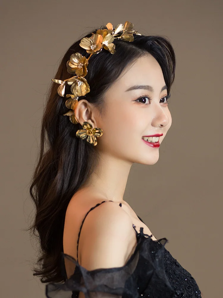 Повязка на голову в стиле барокко HIMSTORY тиара с золотыми цветами вырезами
